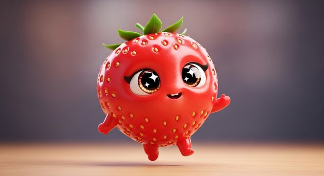 Cute Strawberry Character Mascot with Big Eyes and Happy Expression in 3D Cartoon Style