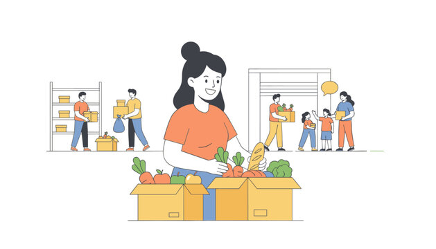 Team of volunteers in a warehouse environment organizing and packing fresh fruits and vegetables into donation boxes for needy families.