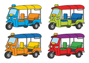 Fototapeta premium Four colorful tuk-tuks line a white backdrop, displaying traditional Asian transportation