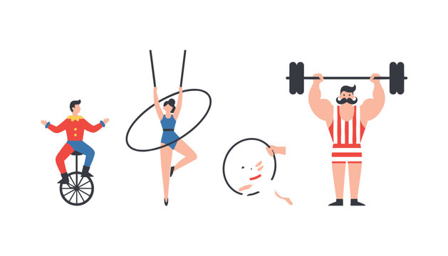 Collection of classic circus performers including a man riding a unicycle, a woman using hula hoops, and a strongman lifting a heavy barbell.
