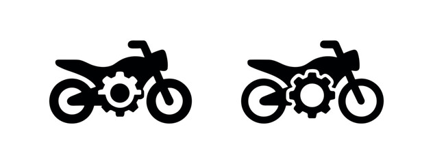 Motorcycle with gear icon set. Flat and outline symbols for motorbike repair, mechanics, or engine service. © liubomir118809