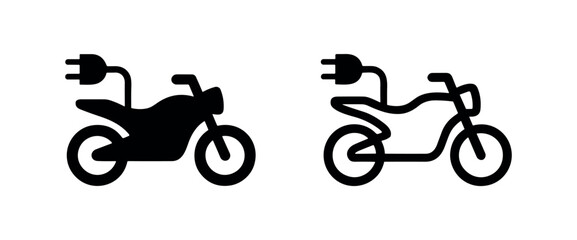 Naklejka premium Electric motorcycle icon set with charging plug. Black and white vector illustrations of e-bike.