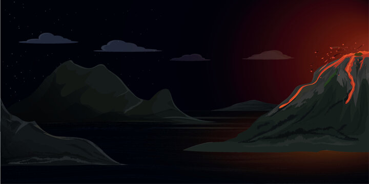The volcanic mountain spewing lava and painting the night sky red.