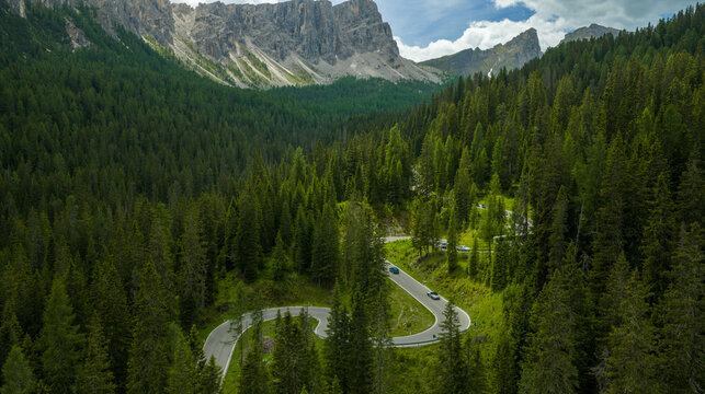 Panoramic Dolomite Mountains with Winding Alpine Road