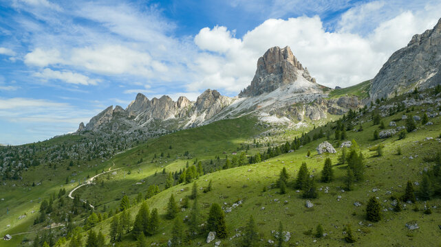 Panoramic View of Dolomite Mountain Peaks in Summer