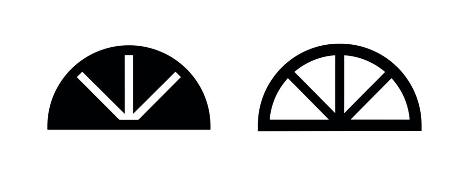 Half-round arch-top window icon set with radial divisions. Black and white vector illustrations.