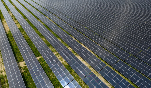 Solar Power Plant Aerial Flyover with Renewable Energy Panels