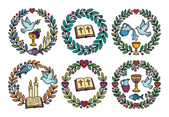 Fototapeta premium Wreaths of Christian symbols featuring a dove, Bible, and chalice, representing baptism, holy communion, and spirituality