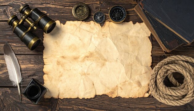 Vintage Nautical Adventure Set Aged Paper, Binoculars, Compass, Rope, Quill Pen