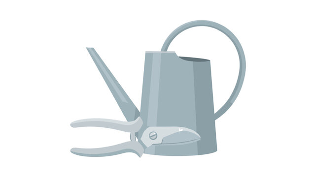 Gardening tools consisting of a metal watering can and pruning shears are displayed together on a clean white isolated studio background.