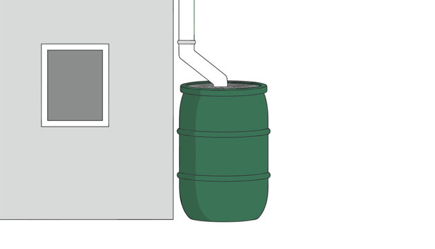 Green plastic rain barrel connected to residential gutter downspout system for collecting and conserving water from rooftop runoff in garden.