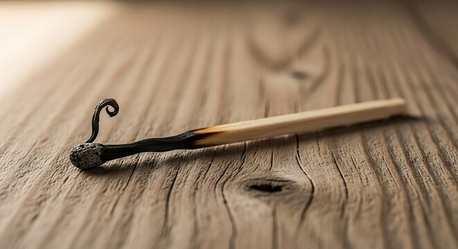 Burnt Matchstick on Wooden Surface Symbolizing Failure, Exhaustion, Burnout, End of Energy and Minimalist Concept