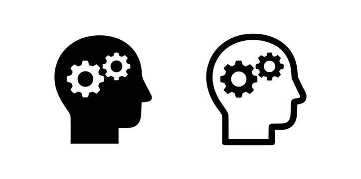 Head with gears icon, human brain with cogwheels symbolizing thinking, ideas, and problem-solving