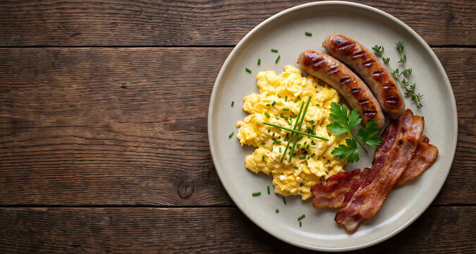 English breakfast flat lay with scrambled eggs sausages and bacon on rustic wood
