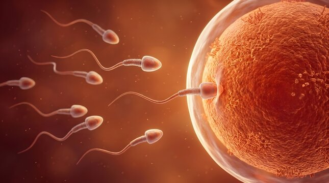 Microscopic 3D illustration of human sperm cells swimming towards a glowing egg cell during the natural fertilization process