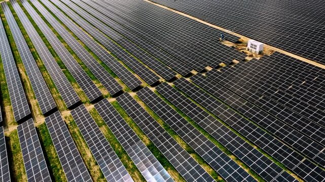 Solar Power Plant Aerial Flyover with Renewable Energy Panels