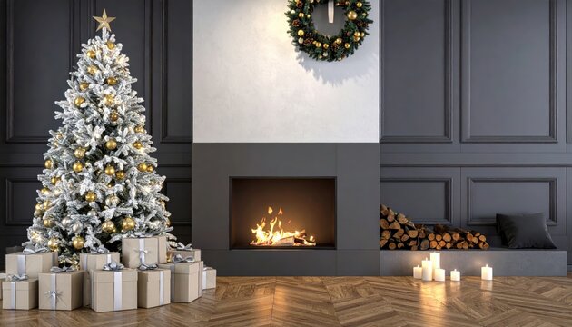 Cozy Christmas Living Room Decorated Tree, Fireplace, Gifts  Wreath