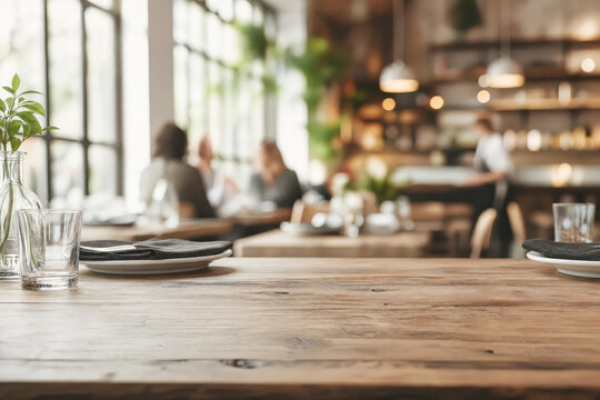 Contemporary Cafe Dining Faded Restaurant Tabletop With Blurred Dining Room Background With Wood Tones And Greenery