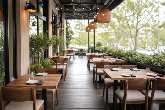 Contemporary Cafe Dining Wide Outdoor Restaurant Table Rows With Soft Faded Daylight With Wood Tones And Greenery