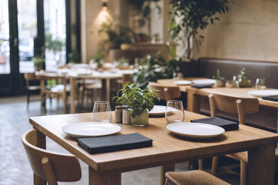 Empty Wooden Restaurant Table Setting No Food With Soft Faded Background Photographed In Bright Commercial With Layered Restaurant Depth