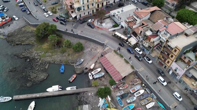 Aci Trezza Town and Cyclopean Isles Faraglioni Aerial Drone View, Sicily