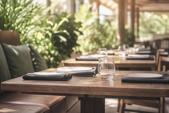 Side Angle Restaurant Patio Table No Food With Glassware And Greenery With Layered Restaurant Depth And Contemporary Cafe Dining