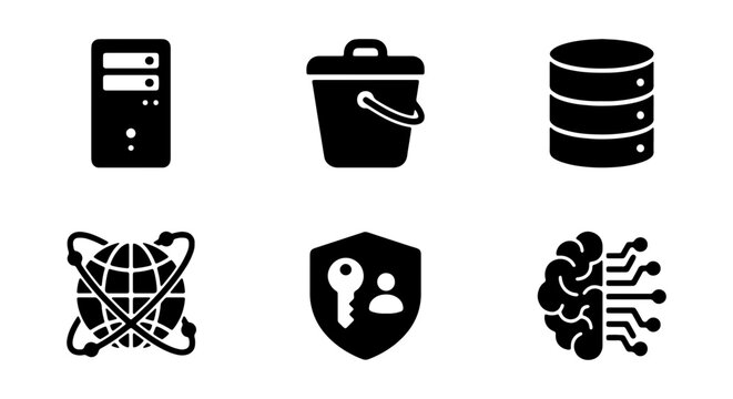 Data Storage, Network Security, AI Brain Icons: Technology Vector Set