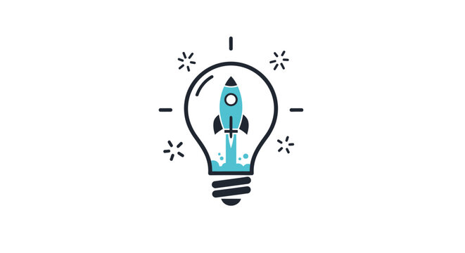 A light bulb icon contains a rocket ship launching inside it