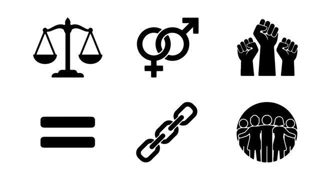Social Justice Icons: Equality, Rights, Freedom, Unity, Scales of Justice, Gender Symbols