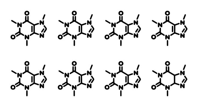 Caffeine Molecule Structure, Chemical Formula Icons, Organic Chemistry Vector Set