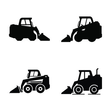 Set of skid steer loader silhouette icons for heavy construction equipment machine design.