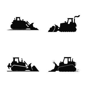 Heavy bulldozer crawler tractor silhouettes with earthmoving blades for construction work.