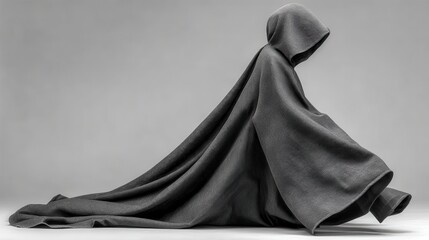 Naklejka premium Mysterious long black hooded cloak on a white background, flowing fabric for fantasy costumes, cosplay, and dramatic role-play.