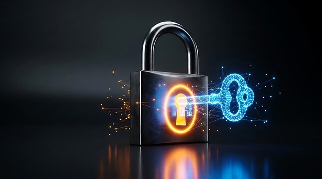 Advanced digital security solution with a futuristic polygonal key unlocking a robust padlock, ensuring data protection and privacy.