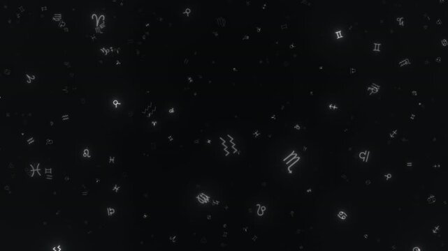 Flying through the zodiac symbols expanse. Magic, mystical background. Seamless loop