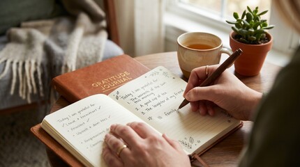 Naklejka premium Woman Writing in Gratitude Journal with Tea by Window in Cozy Home Setting