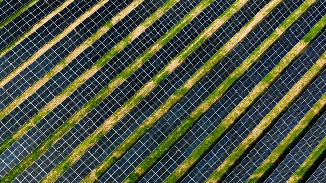 Solar Power Plant Aerial Flyover with Renewable Energy Panels