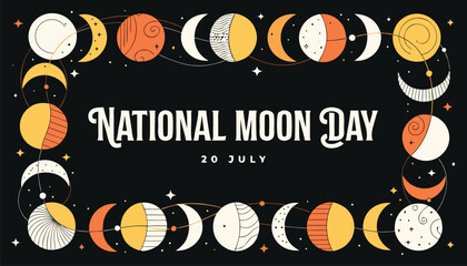 Decorative national moon day graphic featuring various lunar phase illustrations © vectyx2