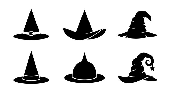 Witch Hats Collection, Spooky Halloween Icons, Magical Costume Accessories, Black Silhouette Vector Set