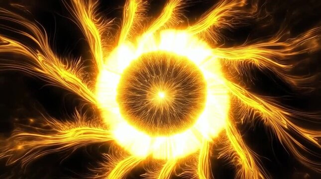 golden energy sphere pulses with radiant light, surrounded by intricate swirling fractal plasma patterns against a stark black background, created with generative ai