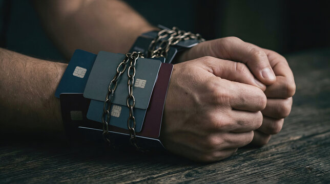 Man hands tied with metal chain and multiple credit cards. Metaphor for financial debt bondage and consumer economic addiction. Crisis of lifestyle and overwhelming banking obligation.