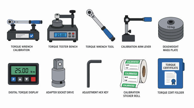 Collection of torque tools and calibration equipment icons.
