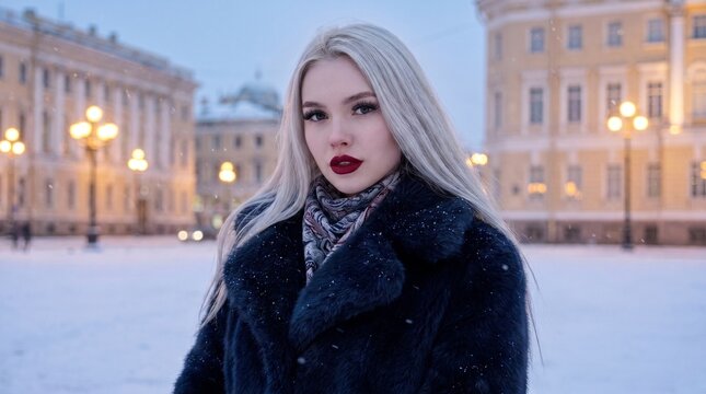 Elegant Russian Winter Fashion Model With Flawless Pale Skin, Bold Red Lips and Dark Faux Fur Coat Posing Against Glowing Historic City Lights