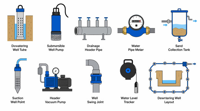 Collection of water well and pump system illustrations.