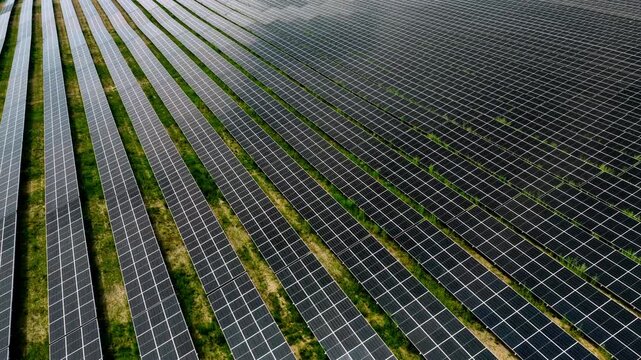 Solar Power Plant Aerial Flyover with Renewable Energy Panels
