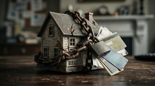 Vintage model house wrapped in rusty metal chain with heavy padlock and credit cards. Metaphor for home mortgage debt, financial trouble, housing crisis and property foreclosure concept.