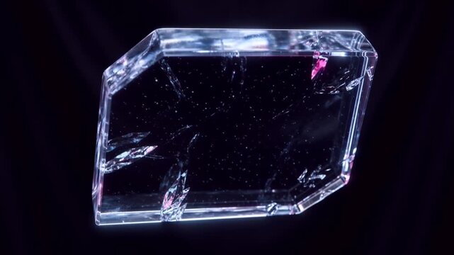 Cinematic macro of a crystalline solid electrolyte slab glowing in dark space