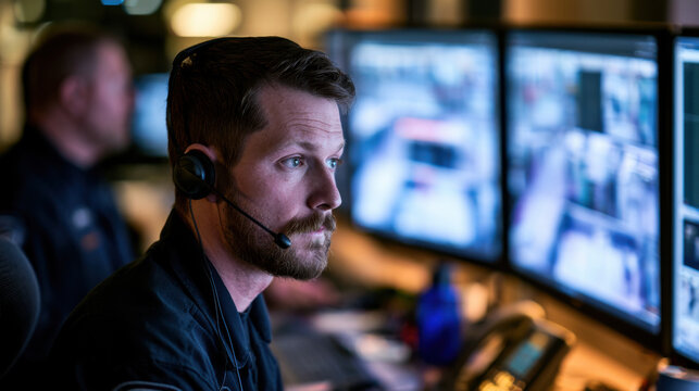 A man is focused on his work in a control room with multiple screens displaying various camera feeds. He communicates through a headset. Other staff members are present