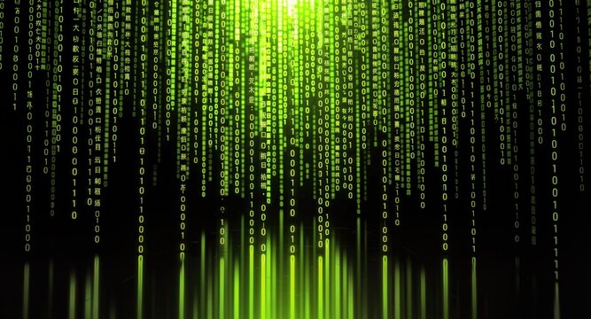 Glowing green digital code rain for cyber technology and data security concepts.

