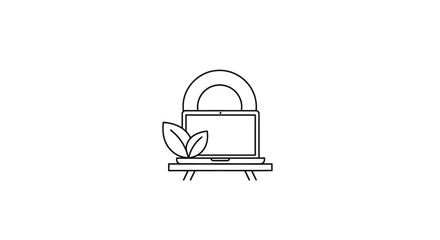 Fototapeta premium A simple line drawing of a laptop with green leaves icon